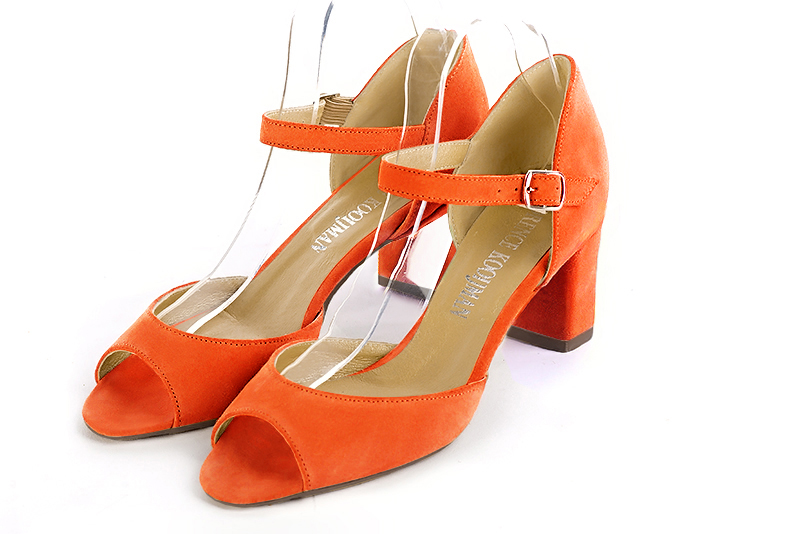 Clementine orange women's closed back sandals, with an instep strap. Square toe. Medium block heels. Front view - Florence KOOIJMAN